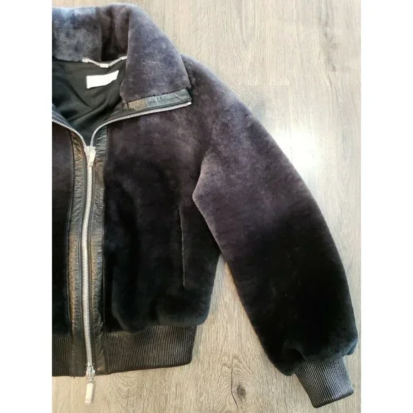 Escada Mouton Jacket Womens S FR 36 Lambskin Bomber Coat Gray Ombre Sheepskin